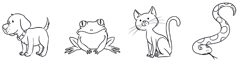 IMAGEM: Quatro animais para colorir: um cachorro, um sapo, um gato e uma cobra. FIM DA IMAGEM.