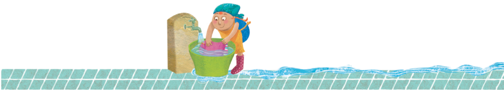 IMAGEM: Uma mulher lavando roupas em um balde, o qual está embaixo de uma torneira por onde sai água. FIM DA IMAGEM.