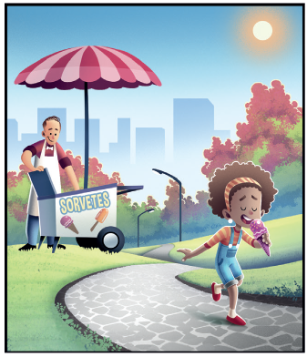 IMAGEM: Quadrinho um: em um parque, uma menina toma um sorvete em um cone de biscoito. Atrás dela, há um carrinho de sorvete e um vendedor. FIM DA IMAGEM.