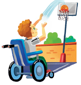 Um menino em uma cadeira de rodas que joga basquete.