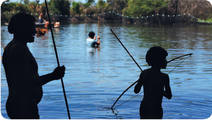 IMAGEM: um adulto ensinando um menino a pescar com arco e flecha. Os dois são indígenas e estão em um rio no Parque Indígena do Xingu. FIM DA IMAGEM.