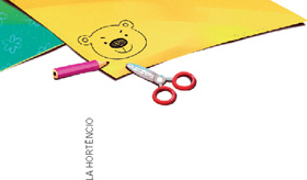 IMAGEM: Rosto de um urso desenhado em uma cartolina. Ao lado, há um lápis e uma tesoura. FIM DA IMAGEM.