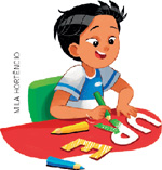 IMAGEM: Um menino sorridente pinta letras recortadas com lápis de cor. FIM DA IMAGEM.