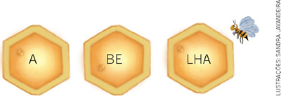IMAGEM: palavra abelha com as sílabas separadas. cada sílaba está dentro de um hexágono de uma colmeia de abelha. são três hexágonos: um com a sílaba á, outro com a sílaba bê e o último com a sílaba lhá. ao lado dos hexágonos, há uma abelha. FIM DA IMAGEM.
