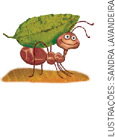 IMAGEM: Uma formiga sorridente com uma folha nas costas. FIM DA IMAGEM.