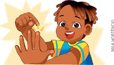 IMAGEM: menino mostra sua mão esquerda e, com a mão direita, aponta para os dedos da esquerda. FIM DA IMAGEM.