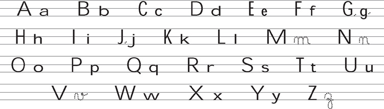 IMAGEM: versões maiúsculas e minúsculas das letras do alfabeto. as versões minúsculas do m, n, v, z estão na forma cursiva e tracejadas. FIM DA IMAGEM.