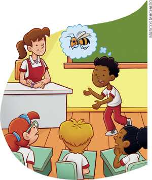 IMAGEM: em uma sala de aula, um menino está na frente da lousa e conta uma história sobre uma abelha. a professora e seus colegas observam atentos. FIM DA IMAGEM.