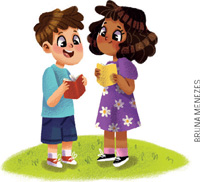 IMAGEM: um menino e uma menina em frente um ao outro. cada um segura um pequeno caderno. FIM DA IMAGEM.