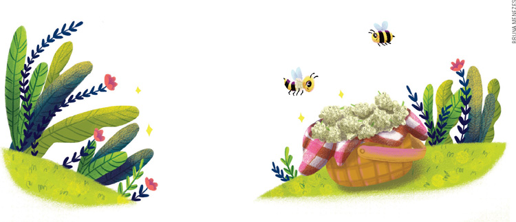 IMAGEM: ao redor das estrofes do poema, há um desenho que adorna o texto. é um campo com gramado, folhas, flores e abelhas. no gramado, há uma cesta cheia de amoras. FIM DA IMAGEM.