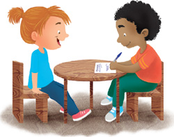 IMAGEM: um menino e uma menina sentados à mesa. a menina sorri entusiasmada e o menino escreve em uma folha de papel. FIM DA IMAGEM.