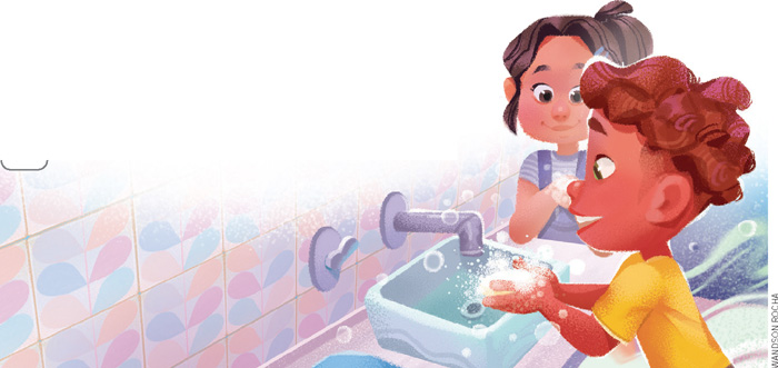 IMAGEM: um menino e uma menina em frente a uma pia. eles lavam as mãos com água e sabão. FIM DA IMAGEM.