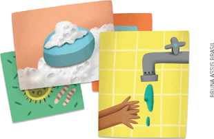 IMAGEM: três imagens sobrepostas que representam o hábito de lavar as mãos. há um sabonete com espuma em volta, um germe assustado e uma pessoa lavando as mãos. FIM DA IMAGEM.