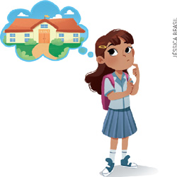 IMAGEM: uma menina com uniforme escolar e mochila pensa sobre sua escola. FIM DA IMAGEM.
