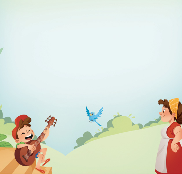IMAGEM: na página da seção para ler mais, há uma ilustração de tuhu tocando violão e cantando ao ar livre, sentado em uma escada. perto dele, um pássaro voa e sua mãe sorri ao o observar tocando. FIM DA IMAGEM.