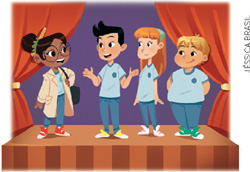 IMAGEM: quatro crianças em um palco teatral. três estão caracterizadas com uniformes escolares e a quarta, uma menina, está caracterizada com roupas adultas, como uma bolsa e um sobretudo. FIM DA IMAGEM.