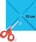 IMAGEM: com a cartolina aberta e as diagonais marcadas, deve-se cortar dez centímetros em cada ponta. FIM DA IMAGEM.