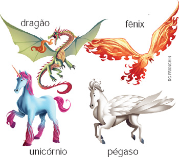 IMAGEM: dragão, fênix, unicórnio, pégaso. FIM DA IMAGEM.