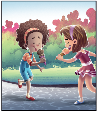 IMAGEM: Quadrinho nove: a menina caminha distraída enquanto toma seu sorvete. Na sua frente, outra menina caminha distraída e toma um sorvete. FIM DA IMAGEM.