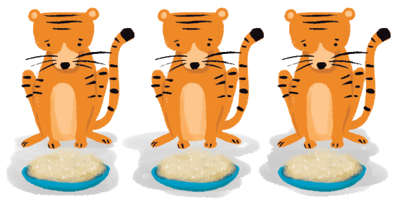 IMAGEM: Três tigres, cada um com um prato cheio de trigo à sua frente. FIM DA IMAGEM.