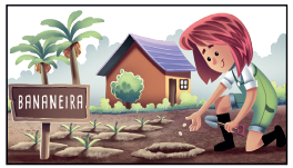 IMAGEM: Uma menina plantando sementes de bananeira em uma horta. FIM DA IMAGEM.