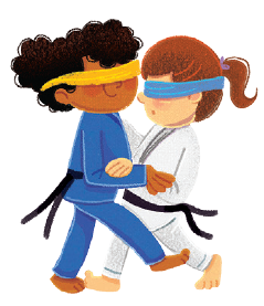 IMAGEM: Duas meninas com os olhos vendados lutam judô. FIM DA IMAGEM.