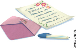 IMAGEM: um papel de carta ao lado de um envelope aberto e de uma caneta. FIM DA IMAGEM.