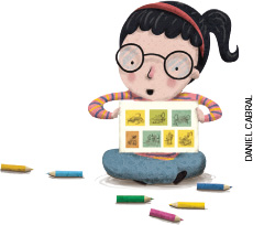 IMAGEM: uma menina sentada no chão segura uma folha de papel com sete quadrinhos desenhados que formam uma história em quadrinhos. no chão, ao redor dela, há lápis de cor espalhados. FIM DA IMAGEM.