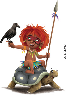 IMAGEM: o curupira montado em um jabuti. ele é um jovem indígena de cabelos vermelhos e longos, que tem os pés virados para trás. usa tanga, colares e brincos e tem uma pintura vermelha sobre os olhos. na ilustração, ele segura uma lança e sorri enquanto um corvo pousa em sua mão. FIM DA IMAGEM.