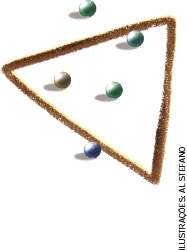 IMAGEM: Exemplo de um jogo de bolinha de gude. Três bolinhas estão dentro de um triângulo desenhado no chão. Duas bolinhas estão fora. FIM DA IMAGEM.