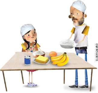 IMAGEM: uma criança e um adulto preparam uma receita usando toucas de cozinheiro. o homem segura uma vasilha com farinha e a menina segura uma vasilha com açúcar. sobre a mesa diante deles, há um cacho de bananas, um tablete de manteiga, um ovo e fermento em lata. FIM DA IMAGEM.