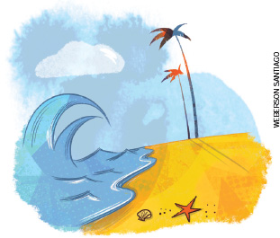 IMAGEM: uma praia com dois coqueiros, uma concha e uma estrela-do-mar na areia. no mar, há ondas. FIM DA IMAGEM.