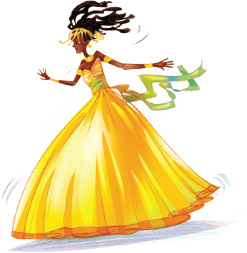 IMAGEM: uma mulher negra, de vestido amarelo e longo, com faixas penduradas na cintura. ela tem cabelos longos e esvoaçantes, e usa uma tiara com enfeites que caem no rosto. FIM DA IMAGEM.