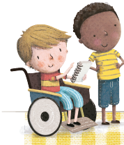 IMAGEM: Um menino em cadeira de rodas segura um caderno ao lado de um amigo. FIM DA IMAGEM.