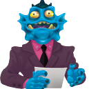 IMAGEM: Um monstro azul de terno segura uma folha de papel como se apresentasse um telejornal. Ele tem olhos esbugalhados, grandes dentes e guelras na lateral da cabeça. FIM DA IMAGEM.