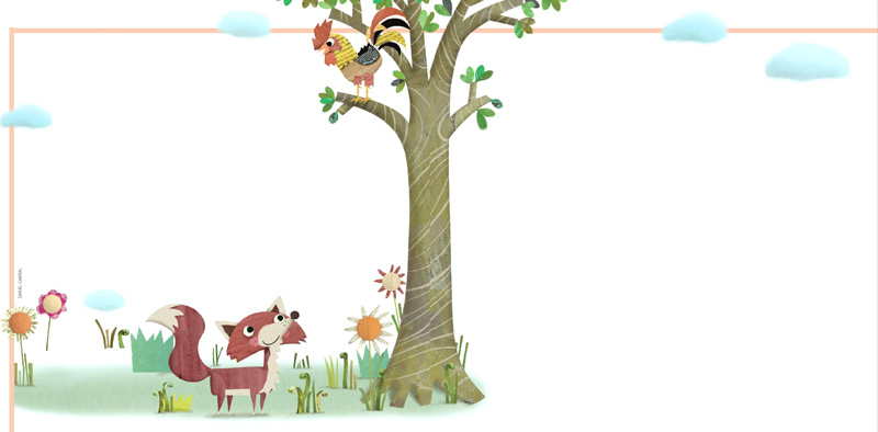 IMAGEM: a ilustração que acompanha a fábula apresenta um galo em cima de uma árvore, conversando com uma raposa sorridente que está no gramado abaixo. ao redor da raposa, há grama e flores. FIM DA IMAGEM.