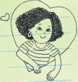 IMAGEM: uma mulher desenhada dentro de um coração na página de um diário. ela sorri, tem cabelos cacheados, usa brinco e camiseta listrada. um pequeno coração também foi desenhado ao lado. FIM DA IMAGEM.