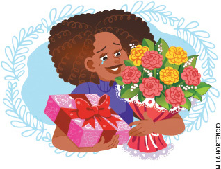 IMAGEM: com os olhos cheios de lágrima, a mãe do menino segura os presentes que ganhou: um buquê de flores e uma caixa de presente embrulhada com um laço. FIM DA IMAGEM.