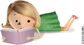 IMAGEM: uma menina de vestido lê um livro deitada no chão de barriga para baixo. FIM DA IMAGEM.