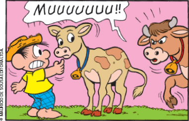 IMAGEM: Quadro catorze. A vaca aparece no canto e olha para Chico com expressão irritada. Chico arregala os olhos, assustado, e interrompe o carinho no bezerro. Ameaçadora, a vaca faz muuuuuuu!!. FIM DA IMAGEM.