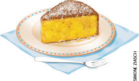 IMAGEM: Uma fatia de bolo sobre um prato. O bolo é amarelo e coberto com coco ralado. Do lado do prato, há um garfo. FIM DA IMAGEM.