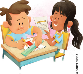 IMAGEM: um menino e uma menina de uniforme conversam sentados em uma carteira escolar. o menino desenha um gráfico em uma folha, usando lápis e régua. a menina segura uma tabela com os dados da pesquisa. FIM DA IMAGEM.