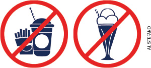 IMAGEM: duas placas circulares com riscos vermelhos que indicam proibição. na primeira, há o desenho de uma embalagem com batata frita e um copo de refrigerante. na segunda, há o desenho de uma taça de sorvete. FIM DA IMAGEM.