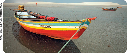 IMAGEM: uma canoa ancorada em uma praia. a canoa é pintada com listras e no casco está escrito joyce jeri. longos remos estão colocados dentro da embarcação, que também possui assentos feitos com tábuas. FIM DA IMAGEM.