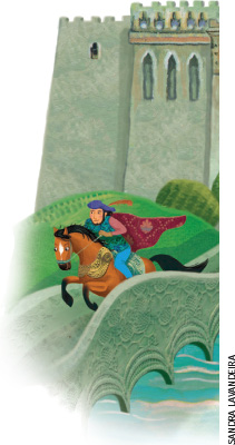IMAGEM: um príncipe montado em um cavalo se afasta de um castelo, atravessando uma ponte. o príncipe usa capa e um chapéu com uma pena no topo. FIM DA IMAGEM.