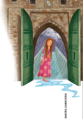 IMAGEM: uma moça de cabelos longos e vestido se aproxima de uma porta aberta. ela olha para dentro com seriedade. atrás dela, cai uma tempestade. FIM DA IMAGEM.