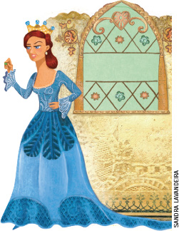 IMAGEM: uma rainha com expressão maldosa segura um grão de ervilha. ela usa coroa e vestido longo azul. atrás dela, há uma janela ornamentada. FIM DA IMAGEM.