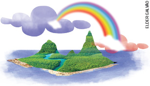 IMAGEM: uma ilha vista à distância. ela é grande, possui montanhas cobertas por vegetação e é cortada por um rio. no céu, um grande arco-íris entre duas nuvens. FIM DA IMAGEM.