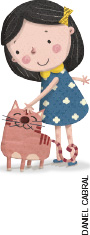 IMAGEM: uma menina de vestido e enfeite no cabelo faz carinho em um gato. o gato fecha os olhos e sorri. FIM DA IMAGEM.