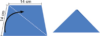 IMAGEM: instruções para a construção de um marcador monstrinho. um papel azul com 14 centímetros em cada lado deve ser dobrado na diagonal. ele se transforma em um triângulo, que deve ser virado com o lado maior para baixo. FIM DA IMAGEM.